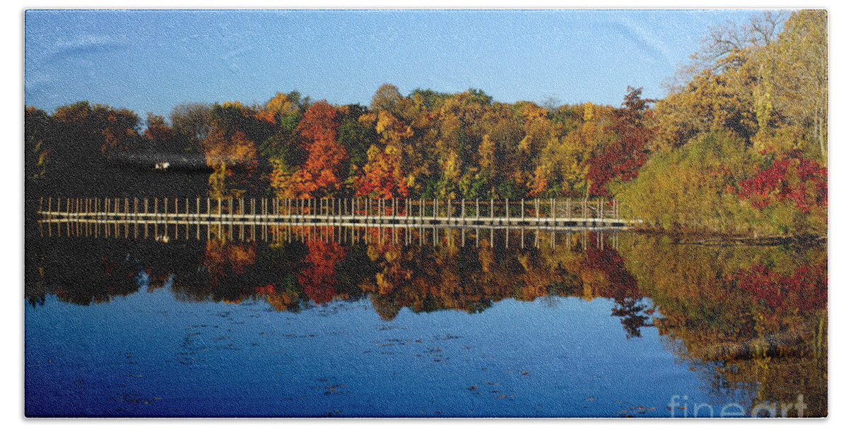 Tinas Captured Moments Beach Towel featuring the photograph Refection Fall In Prior Lake Mn by Tina Hailey