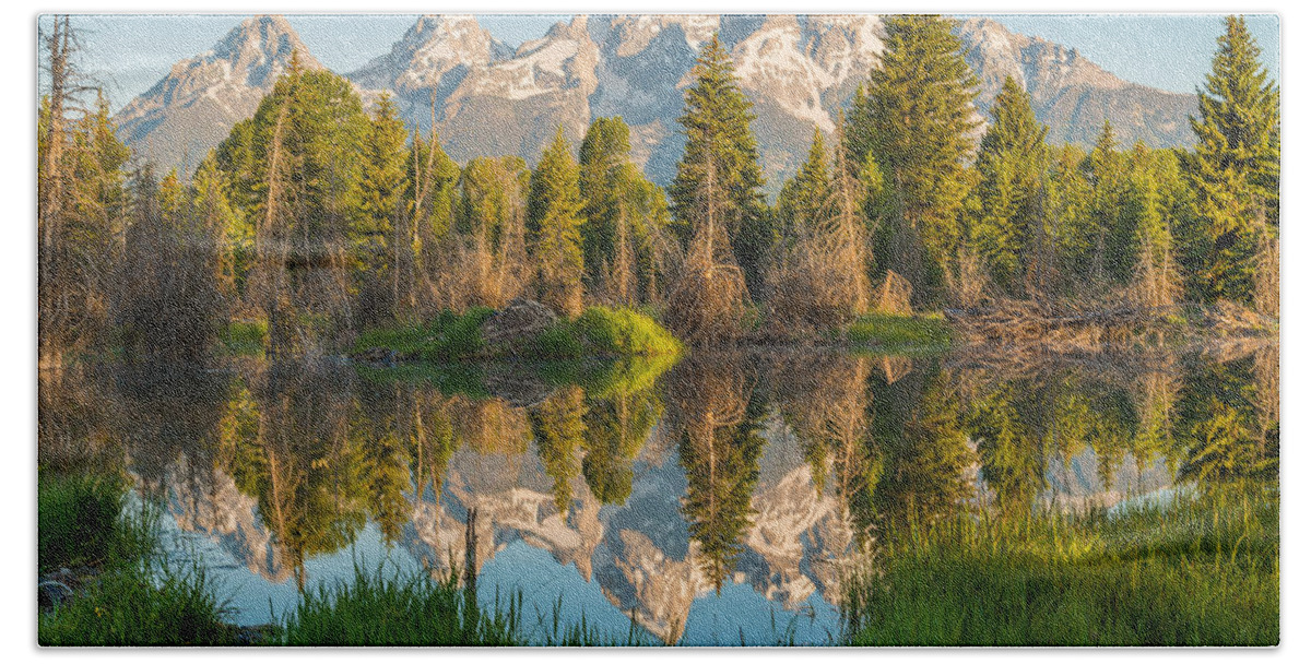 Grand Teton Beach Towel featuring the photograph Reflecting on Everything by Kristopher Schoenleber