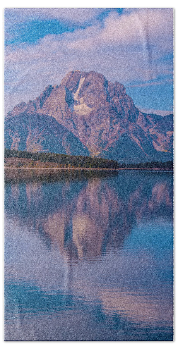 Brenda Jacobs Photography & Fine Art Beach Towel featuring the photograph Reflections of Mount Moran by Brenda Jacobs