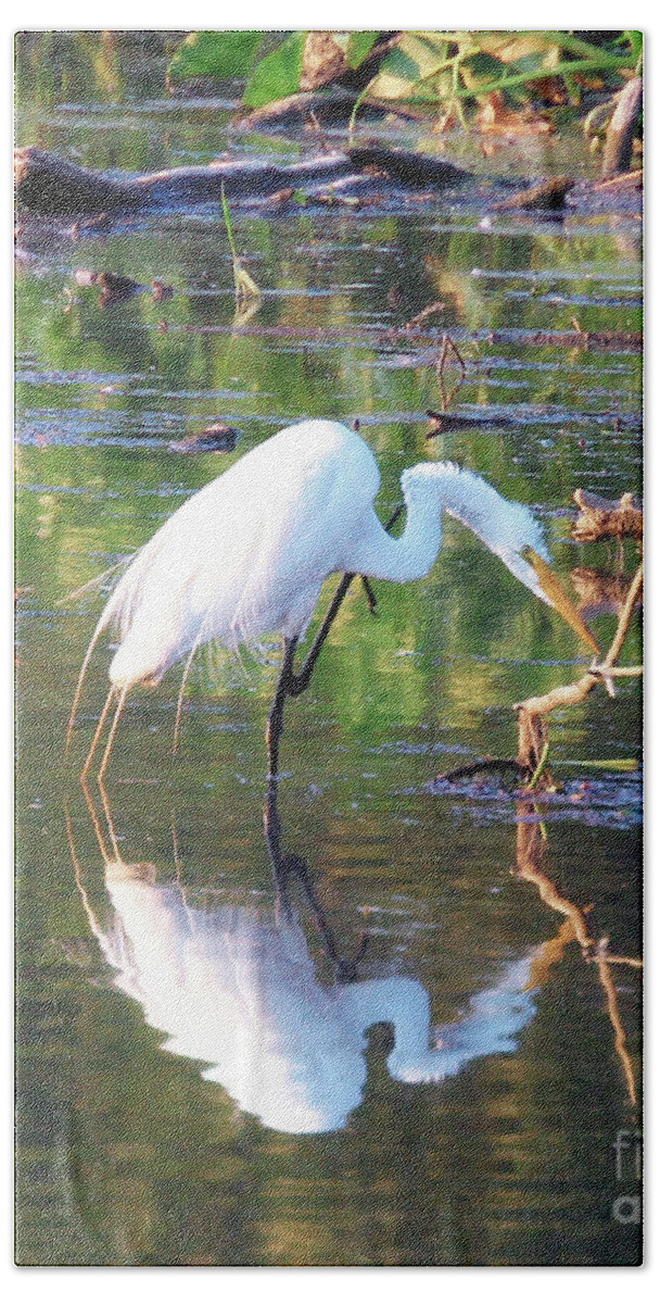 Egrets Beach Sheet featuring the photograph Reflections On Wildwood Lake by Geoff Crego