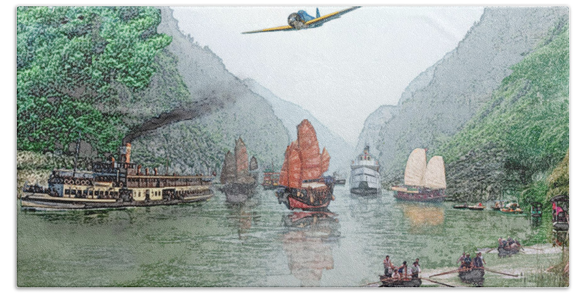 Boats Beach Towel featuring the digital art Refugees on the Yangtze by Steve Karol
