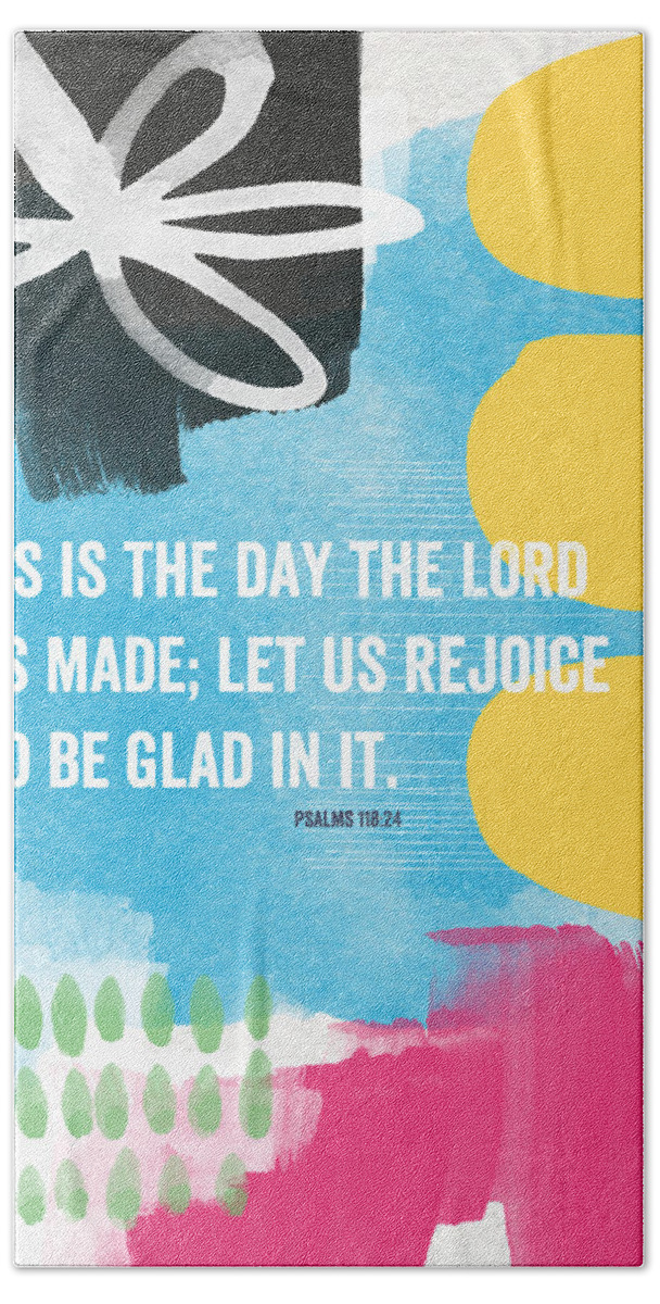Rejoice Beach Towel featuring the mixed media Rejoice and Be Glad- contemporary scripture art by Linda Woods