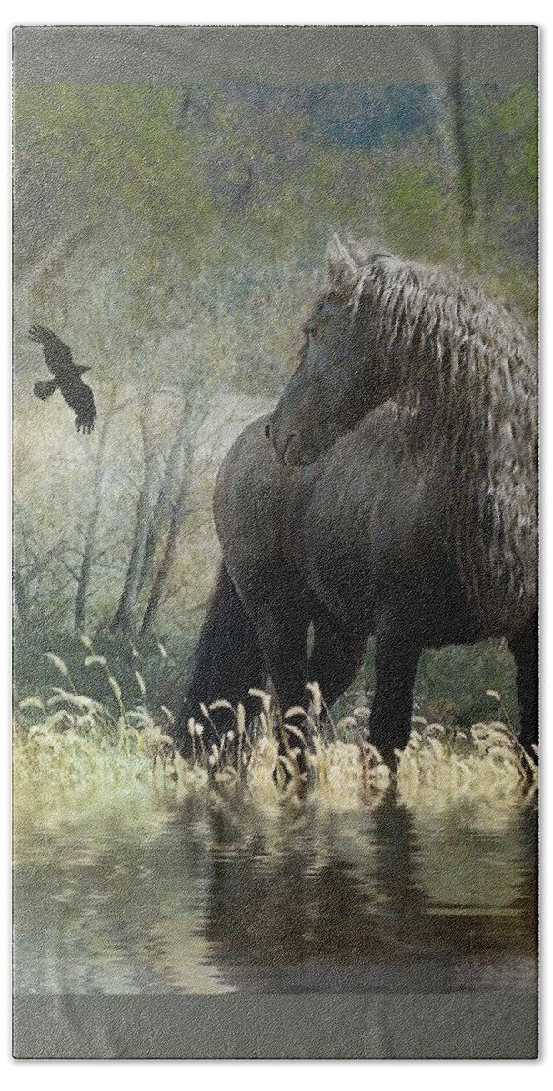 Friesian Horses Beach Towel featuring the photograph Remme and the Crow by Fran J Scott
