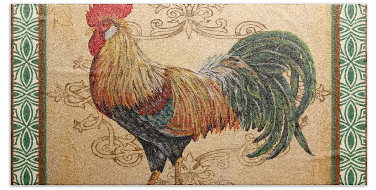 Acrylic Painting Beach Sheet featuring the painting Renaissance Rooster-A-GREEN by Jean Plout