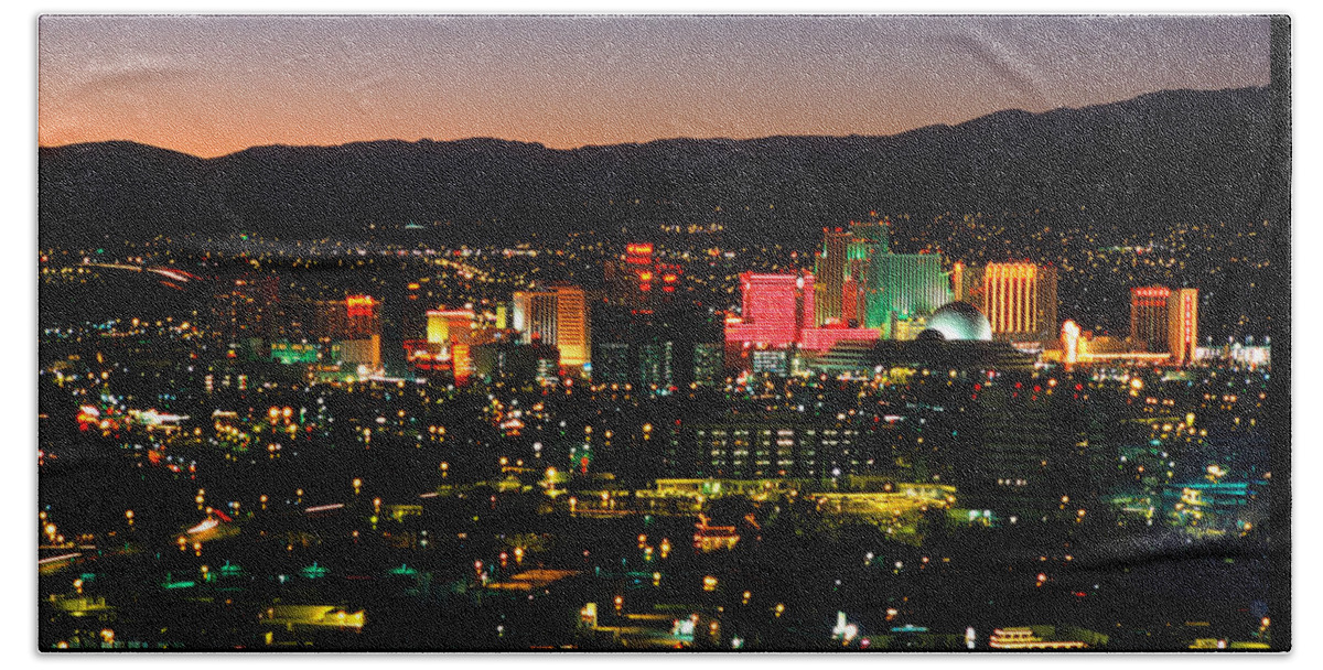 Casinos Beach Towel featuring the photograph Reno, Nevada Skyline At Dusk by Theodore Clutter