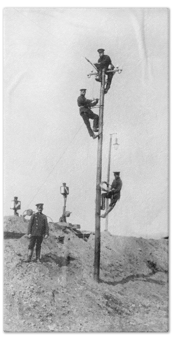 1910s Beach Towel featuring the photograph Repairing Telegraph Lines by Underwood Archives