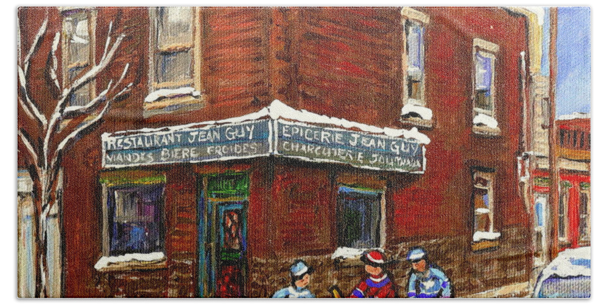 Montreal Beach Sheet featuring the painting Restaurant Epicerie Jean Guy Pointe St. Charles Montreal Art Verdun Winter Scenes Hockey Paintings  by Carole Spandau
