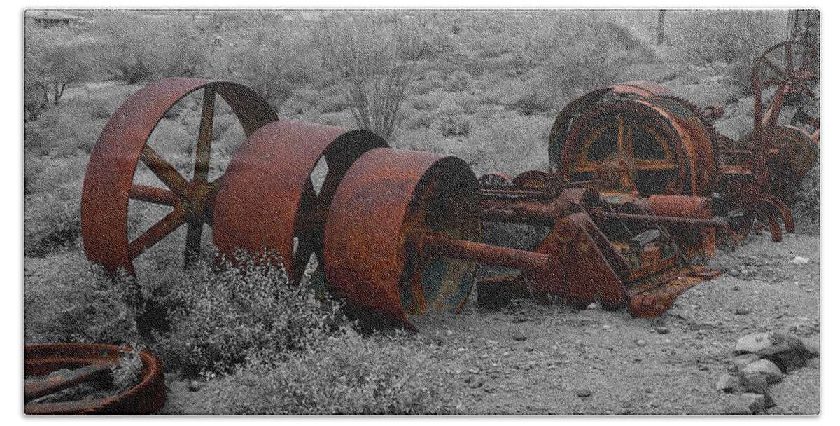Retired Mining Equipment Beach Towel featuring the photograph Retired Mining Equipment by Richard J Cassato
