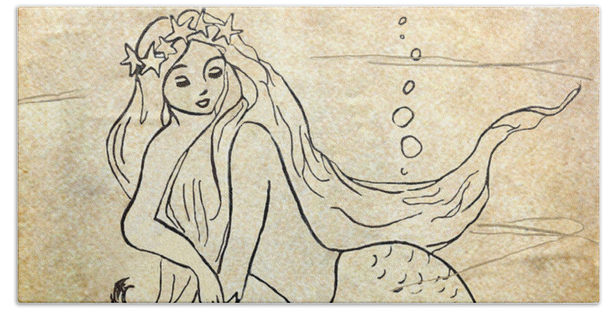 Mermaid Beach Towel featuring the drawing Retro Mermaid by Rosalie Scanlon