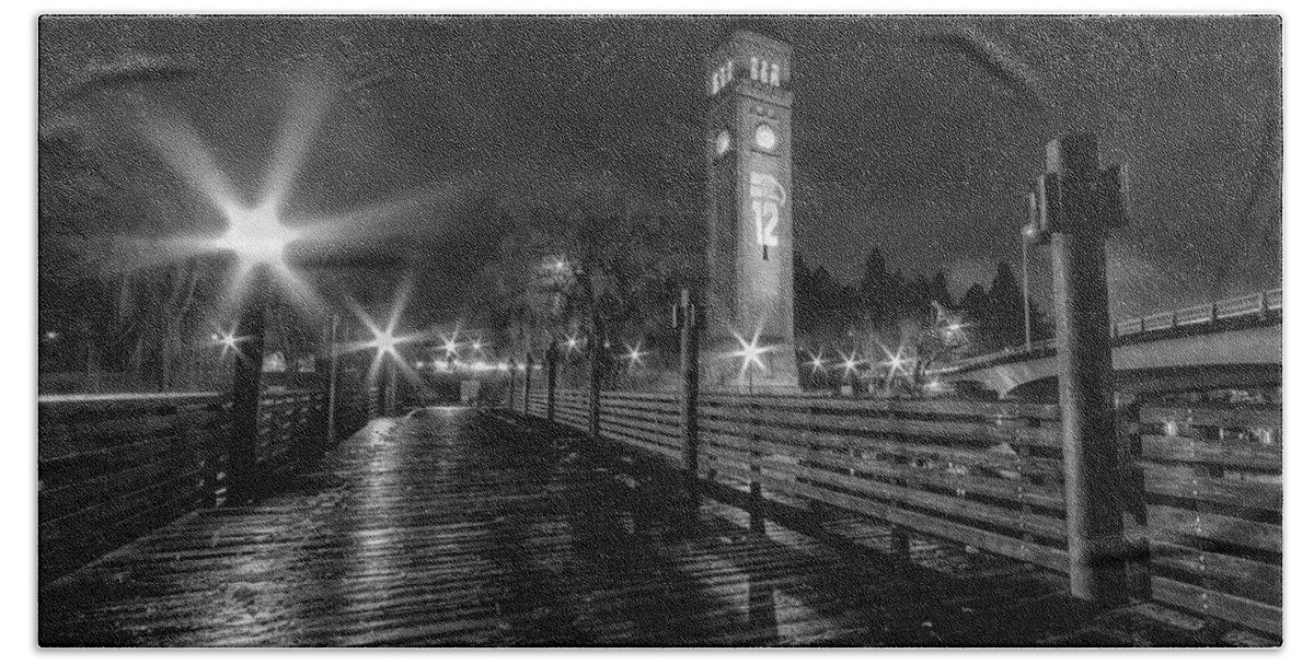Spokane Beach Sheet featuring the photograph Riverfront Park Clocktower Seahawks Black and White by Mark Kiver