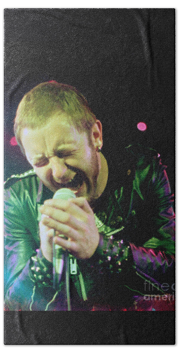 Concert Photos For Sale Beach Sheet featuring the photograph Rob Halford of Judas Priest without flames effect- Warfield Theater during British Steel-Unreleased by Daniel Larsen