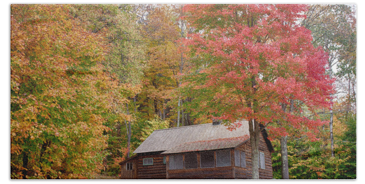 Robert Frost Beach Towel featuring the photograph Robert Frost cabin in autumn by Jeff Folger