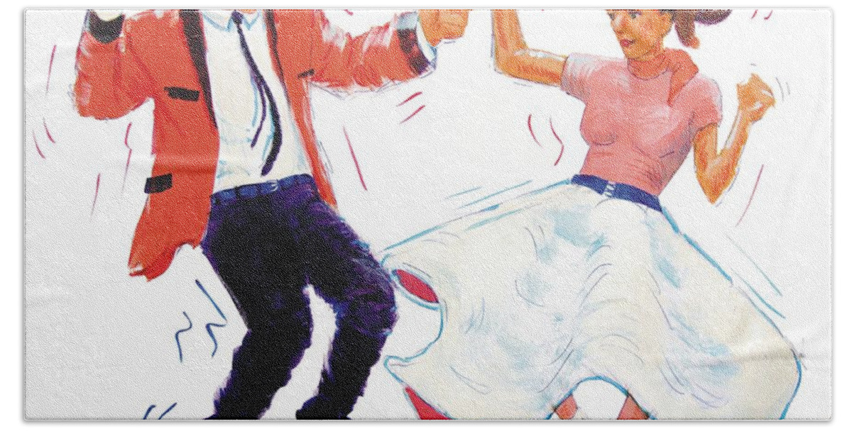Nostalgia Beach Towel featuring the painting Rock and Roll Dancers by Mike Jory