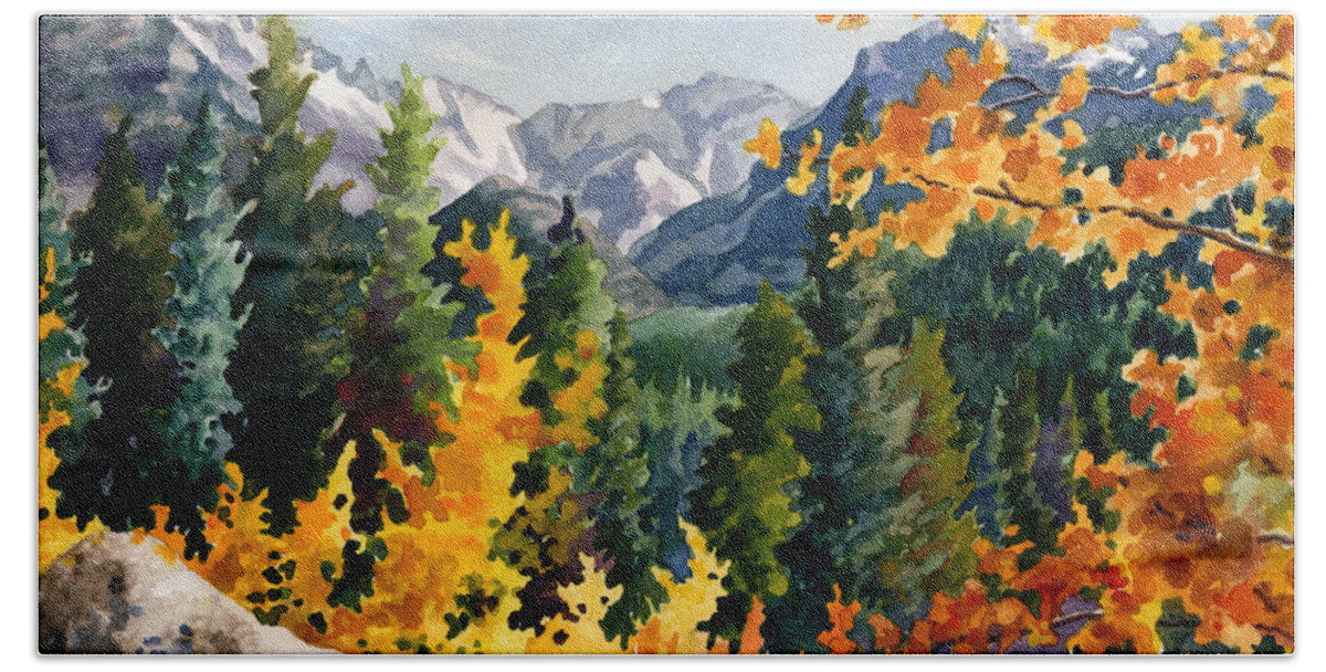 Autumn Trees Painting Beach Towel featuring the painting Rocky Mountain National Park by Anne Gifford