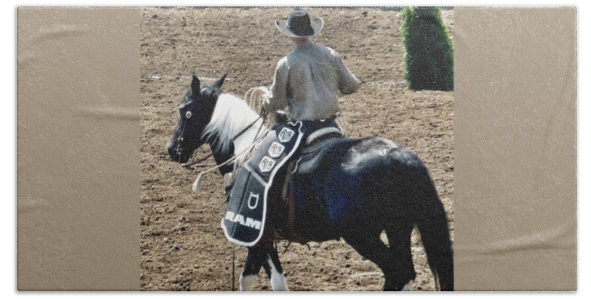 Rodeo Time Beach Sheet featuring the photograph Rodeo Time Cowboy Black Horse by Susan Garren