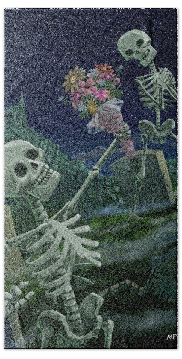 Skeletons Beach Towel featuring the painting Romantic Valentine Skeletons in Graveyard by Martin Davey