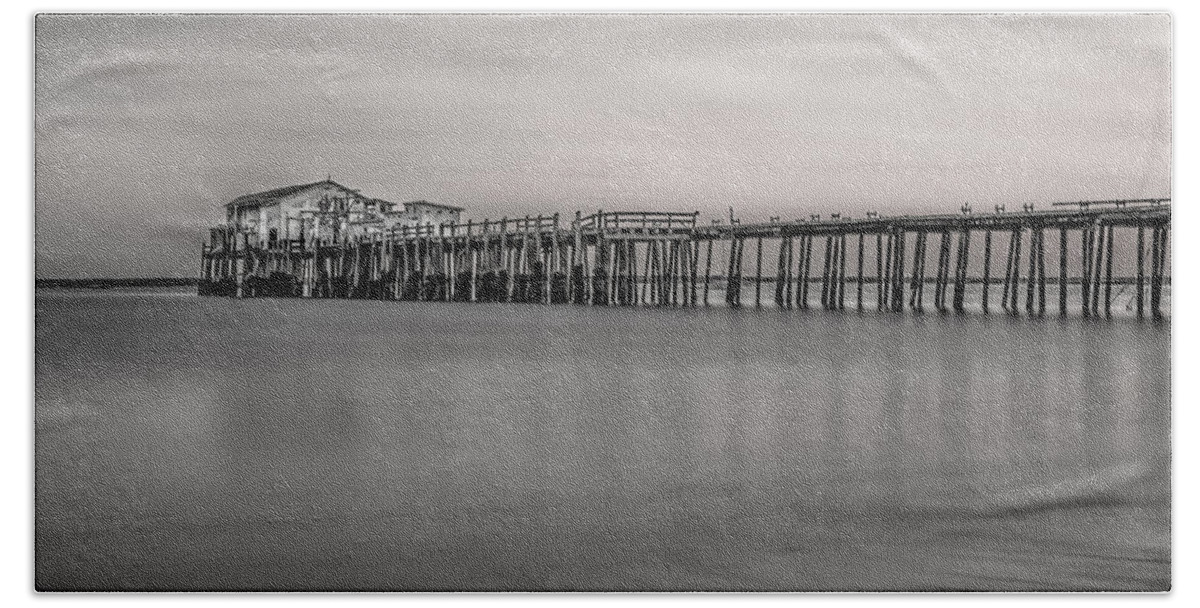 Pier Beach Towel featuring the photograph Romeo's Pier BW by Linda Villers