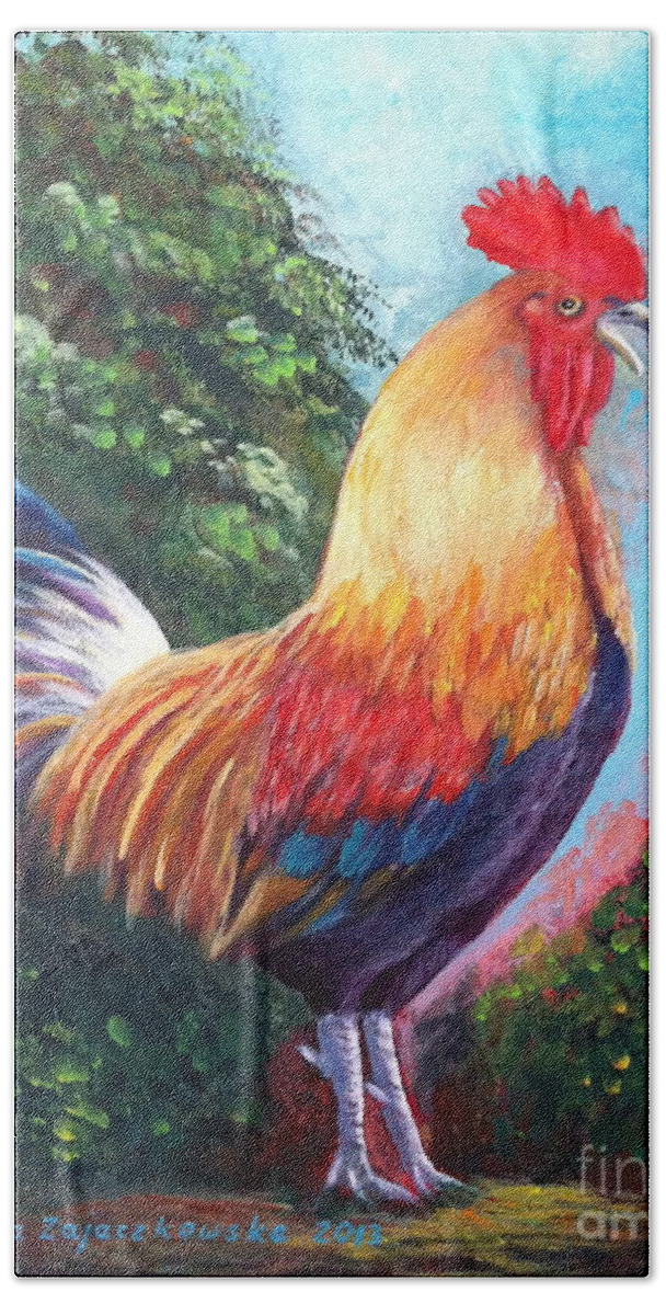 Rooster Beach Towel featuring the painting Rooster for Elaine by Bozena Zajaczkowska