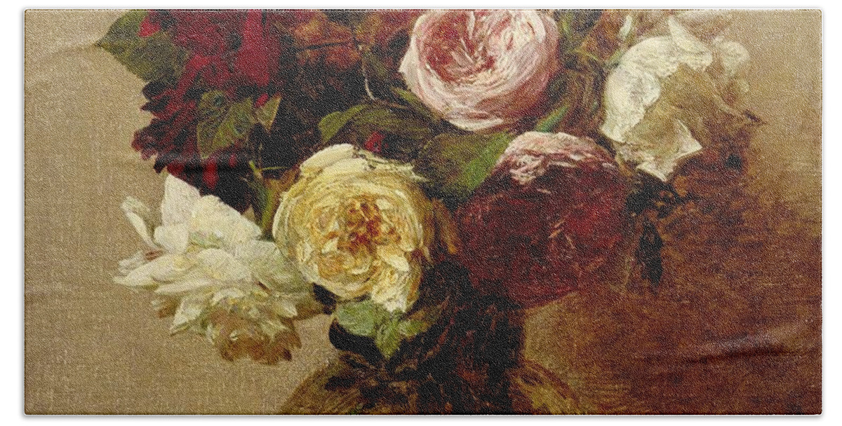 Still-life Beach Towel featuring the painting Roses by Ignace Henri Jean Fantin-Latour