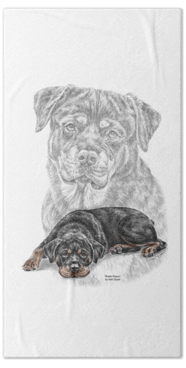 Rottie Beach Towel featuring the drawing Rottie Charm - Rottweiler Dog Print with Color by Kelli Swan