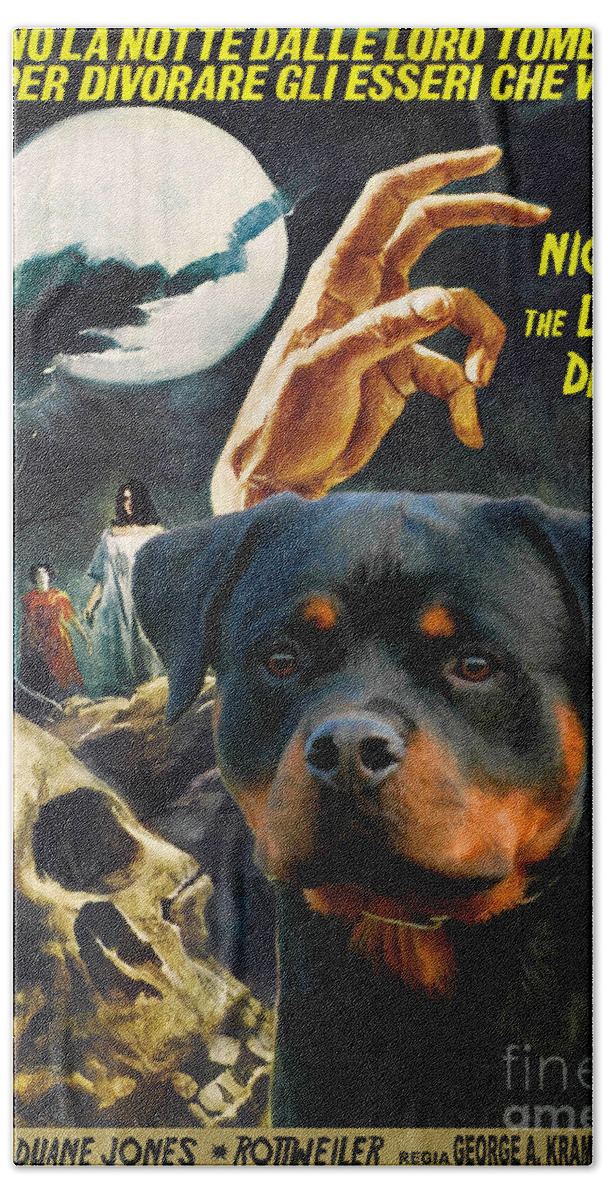 Rottweiler Beach Towel featuring the painting Rottweiler Art Canvas Print - Night of the Living Dead Movie Poster by Sandra Sij