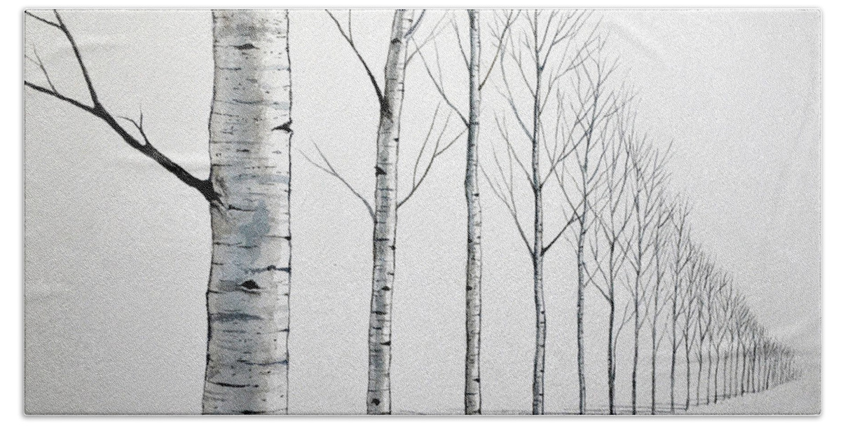 Birch Tree Beach Towel featuring the painting Row of Birch Trees in the Snow by Christopher Shellhammer