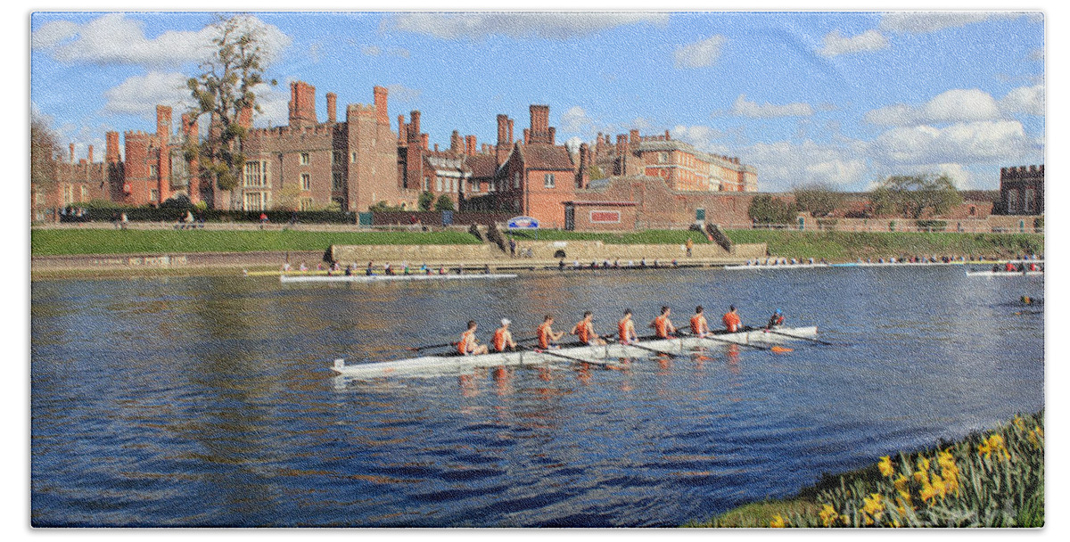 British English Countryside Landscape Rowing On The Thames At Hampton Court Beach Towel featuring the photograph Rowing on the Thames at Hampton Court by Julia Gavin