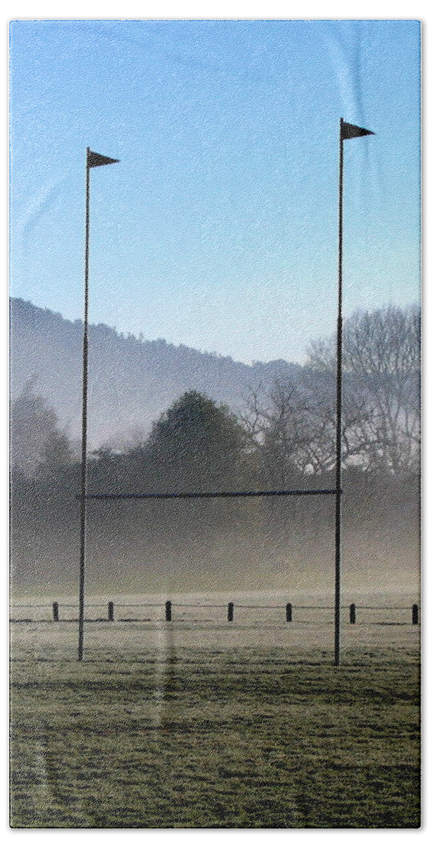 Mist Frost Park Goalpost Rugby Pitch Field Hills Winter Sun Cold Morning Sunrise Flags League Union Try Scrum Conversion All Blacks Beach Towel featuring the photograph Rugby season by Guy Pettingell