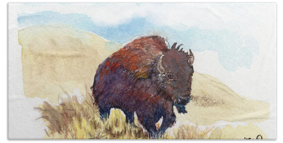 C Sitton Painting Paintings Beach Towel featuring the painting Running Buffalo by C Sitton