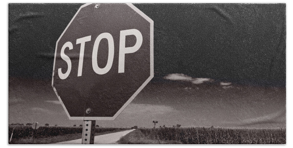 Sign Beach Towel featuring the photograph Rural Stop Sign BW by Steve Gadomski