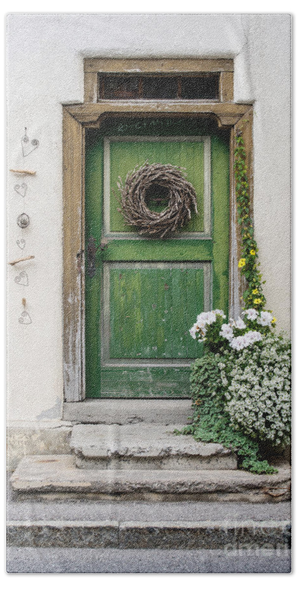Rustic Beach Towel featuring the photograph Rustic Wooden Village Door - Austria by Gary Whitton
