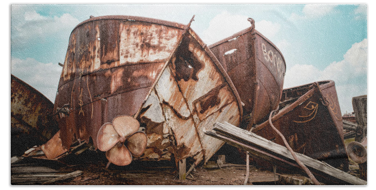 Abandoned Places Beach Sheet featuring the photograph Rusty Boat Hulls - Nautical Vessels by Gary Heller