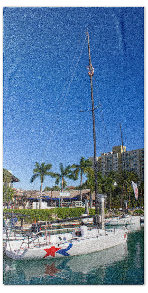 Sailboat Beach Towel featuring the photograph Miami Beach Marina Sailboat with Red Star by Carlos Diaz