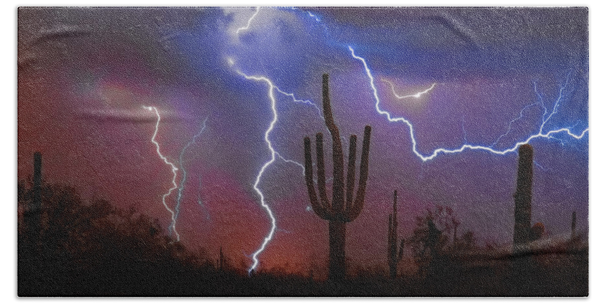 Saguaro Beach Sheet featuring the photograph Saguaro Lightning Nature Fine Art Photograph by James BO Insogna