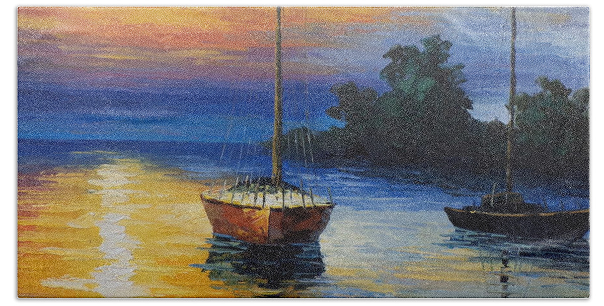 Landscape Beach Towel featuring the painting Sailboat At Sunset by Rosie Sherman