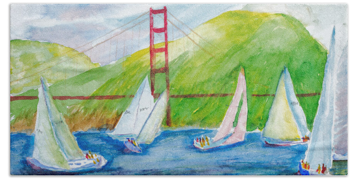 Nature Beach Towel featuring the painting Sailboat Race at the Golden Gate by Walt Brodis