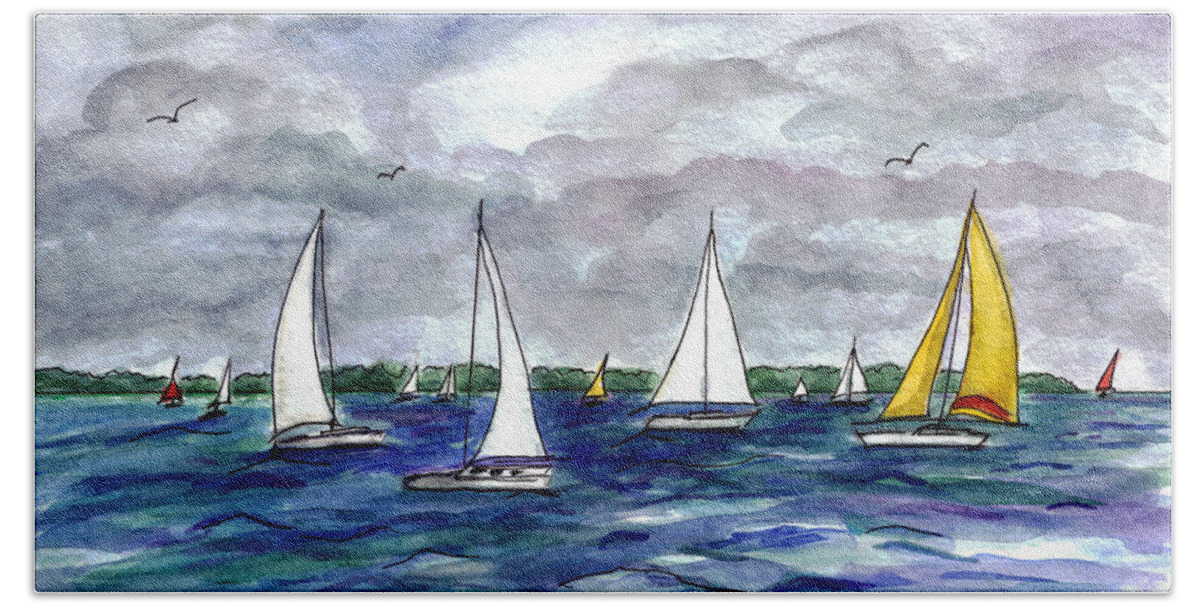 Barnegat Bay Beach Sheet featuring the painting Sailing day by Clara Sue Beym