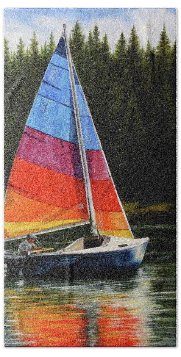 Sailboat Beach Sheet featuring the painting Sailing on Flathead by Kim Lockman