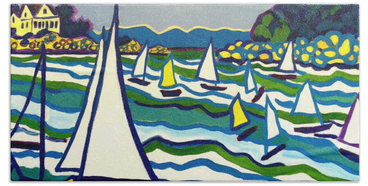 Landscape Beach Towel featuring the painting Sailing School Manchester by-the-sea by Debra Bretton Robinson
