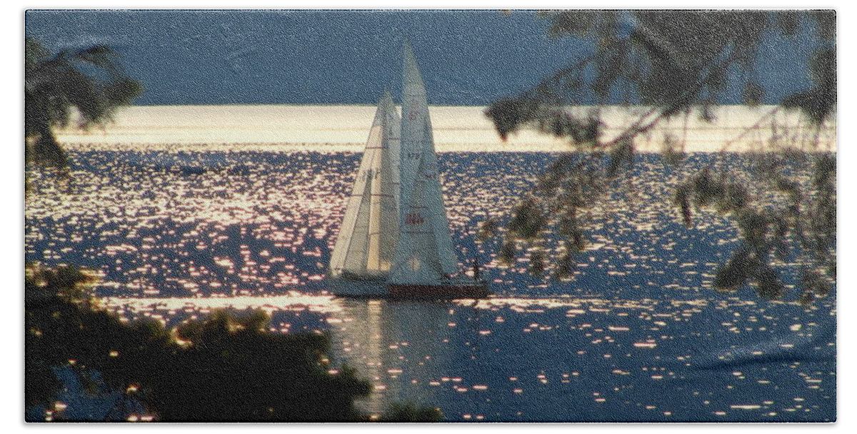 Sailing Beach Towel featuring the photograph Sailors in Sunset by Leone Lund