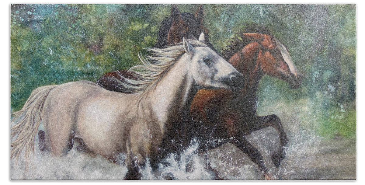 Wild Mustang Running Salt River Greeting Cards Painting Framed Prints Acrylic Prints Equine Canvas Prints Texas Artist Karen Kennedy Chatham Art Wild Horses Metal Print Western Arizona River Scene Horses In Water Cowboy Office Decor Hospital Rustic Greeting Card Western Artist Christian Artist Horse Play Running Splashing Wild Mustang Painting Wild Mustang Framed Prints Wilds Mustang Canvas Prints Wild Horse Traditional Art Ft Worth Artist Wise County Artist Equine Artist Horse Portrait Cards Beach Towel featuring the painting Salt River Horseplay by Karen Kennedy Chatham