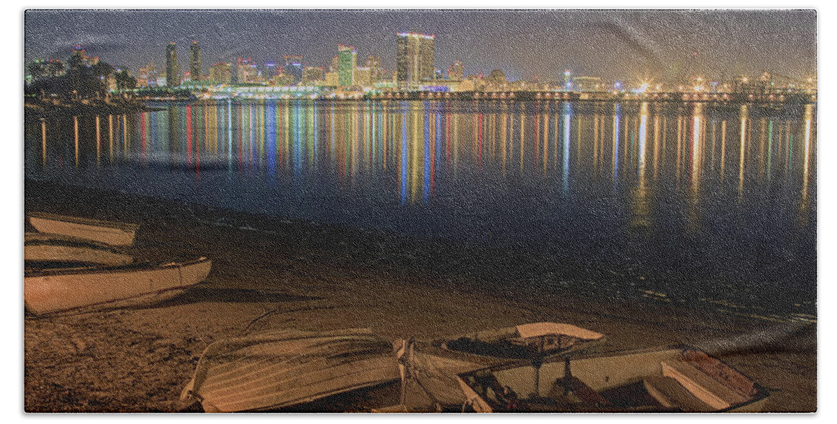 Landscape Beach Sheet featuring the photograph San Diego Harbor Lights by Gary Holmes
