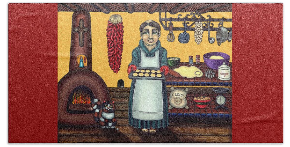 Folk Art Beach Towel featuring the painting San Pascual Making Biscochitos by Victoria De Almeida
