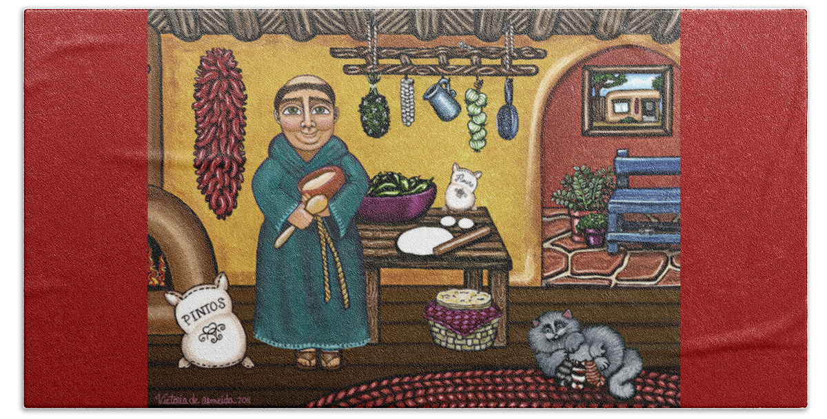 San Pascual Beach Towel featuring the painting San Pascuals Kitchen by Victoria De Almeida