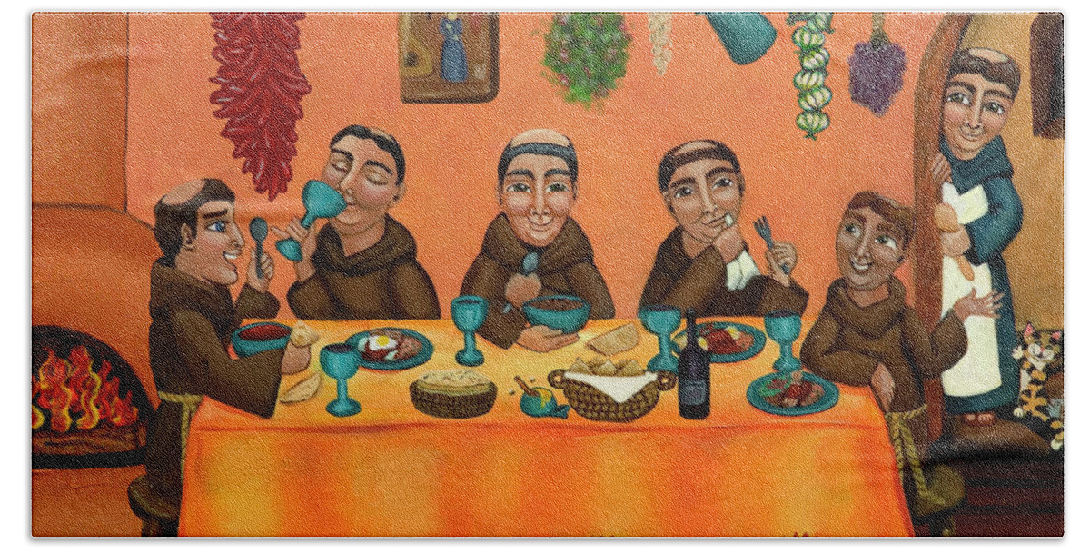 Hispanic Art Beach Towel featuring the painting San Pascuals Table by Victoria De Almeida