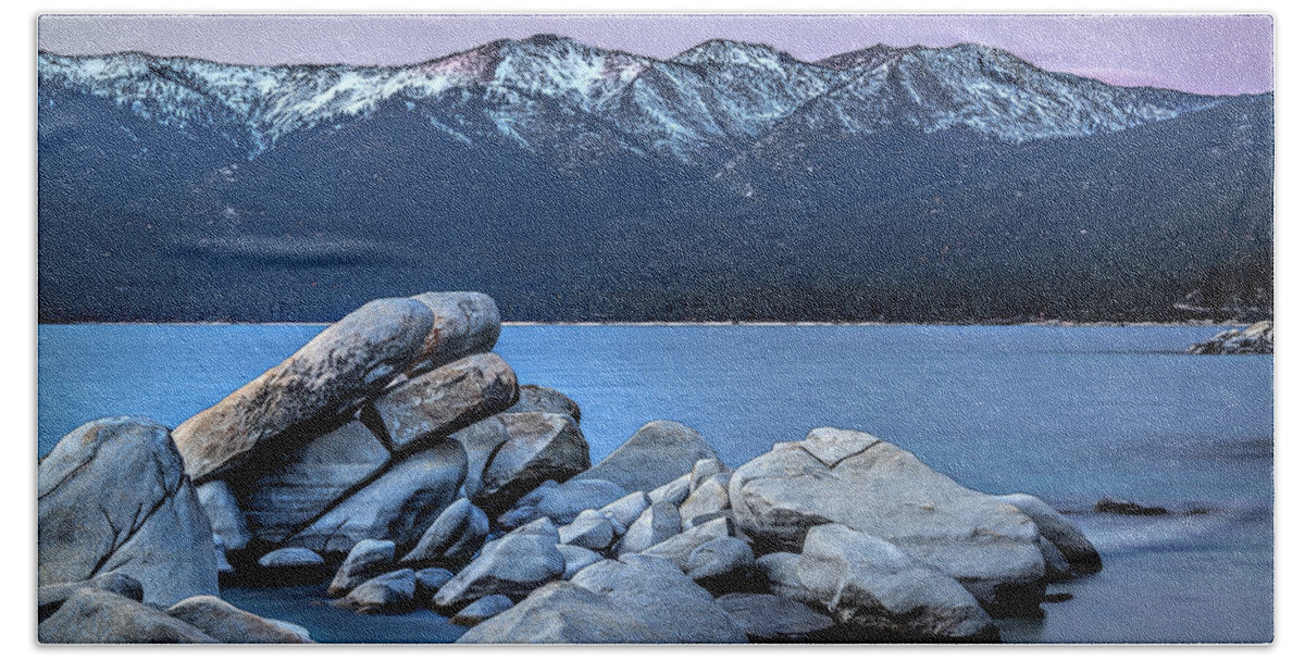 Landscape Beach Towel featuring the photograph Sand Harbor Rocks by Maria Coulson