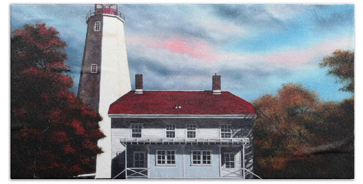Lighthouse Beach Sheet featuring the painting Sandy Hook Lighthouse by Daniel Carvalho
