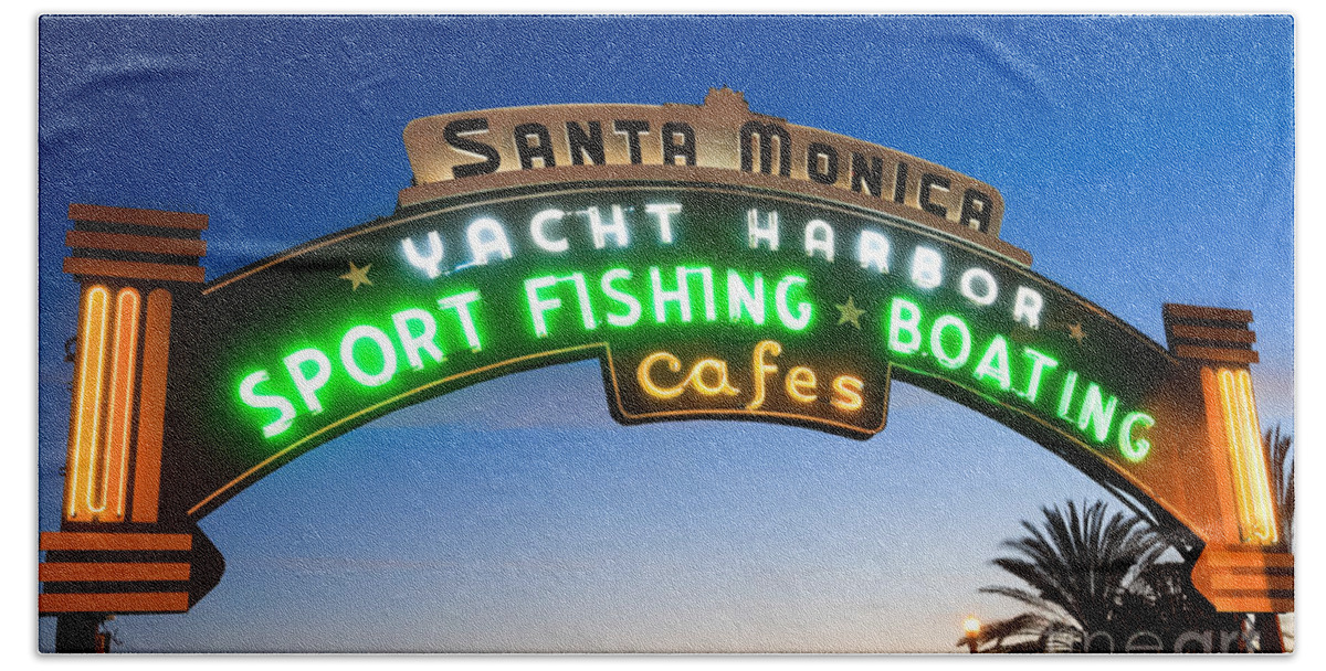 California Beach Towel featuring the photograph Santa Monica Pier Sign by Paul Velgos