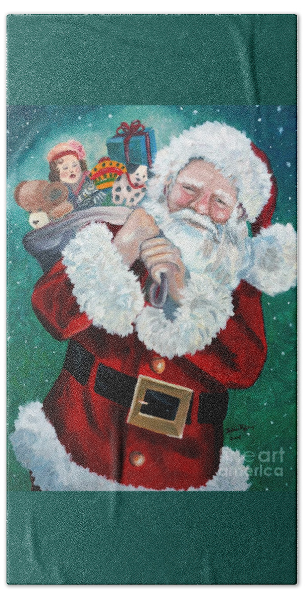 Santa Beach Towel featuring the painting Santa's Coming to Town by Julie Brugh Riffey
