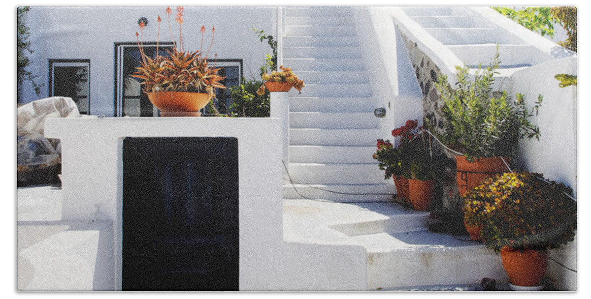 Greece Beach Towel featuring the photograph Santorini Door and Steps by Darin Volpe